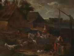 Ferme avec puits, personnes et bétail, huile sur toile