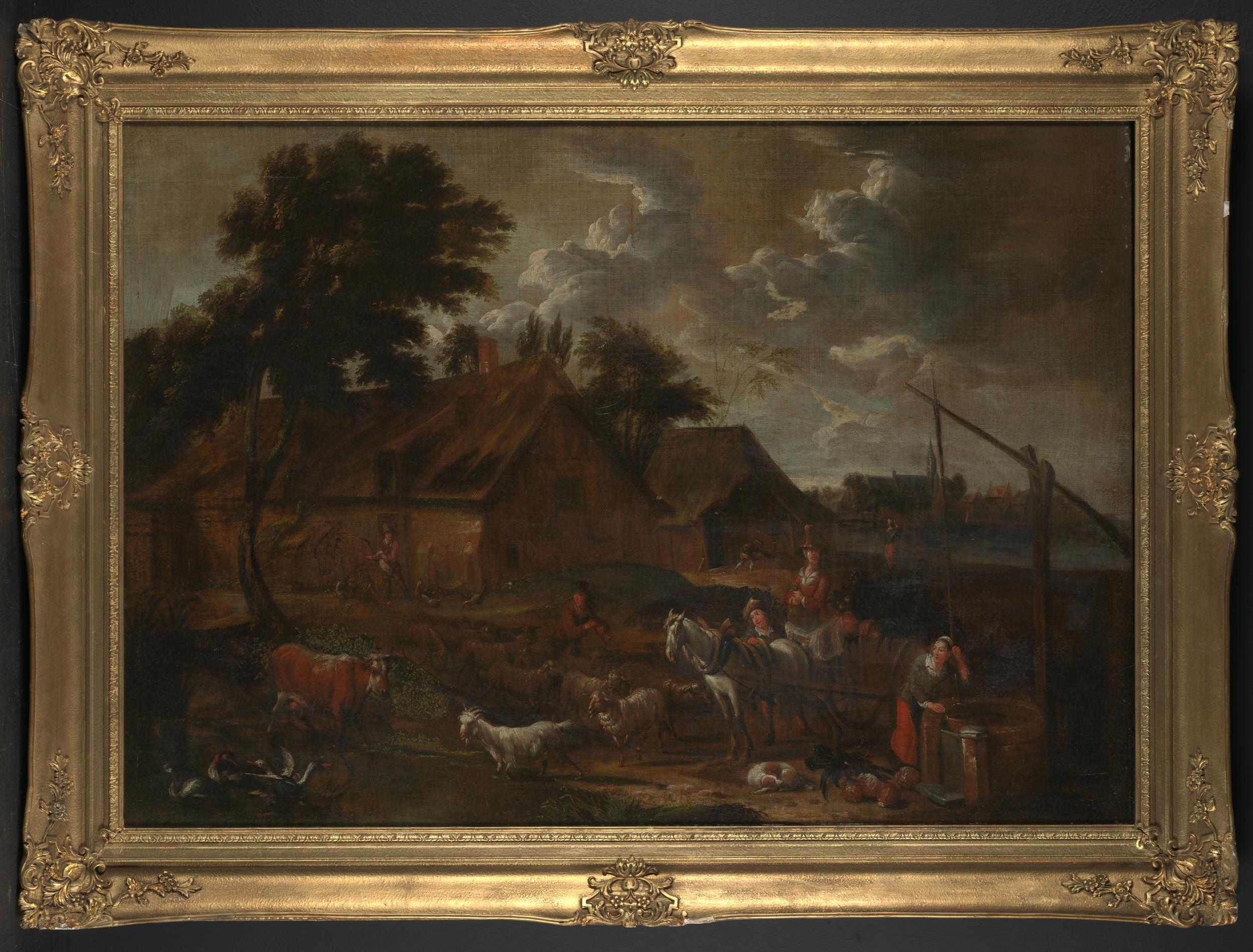 Figurative Painting David Teniers the Younger - Ferme avec puits, personnes et bétail, huile sur toile