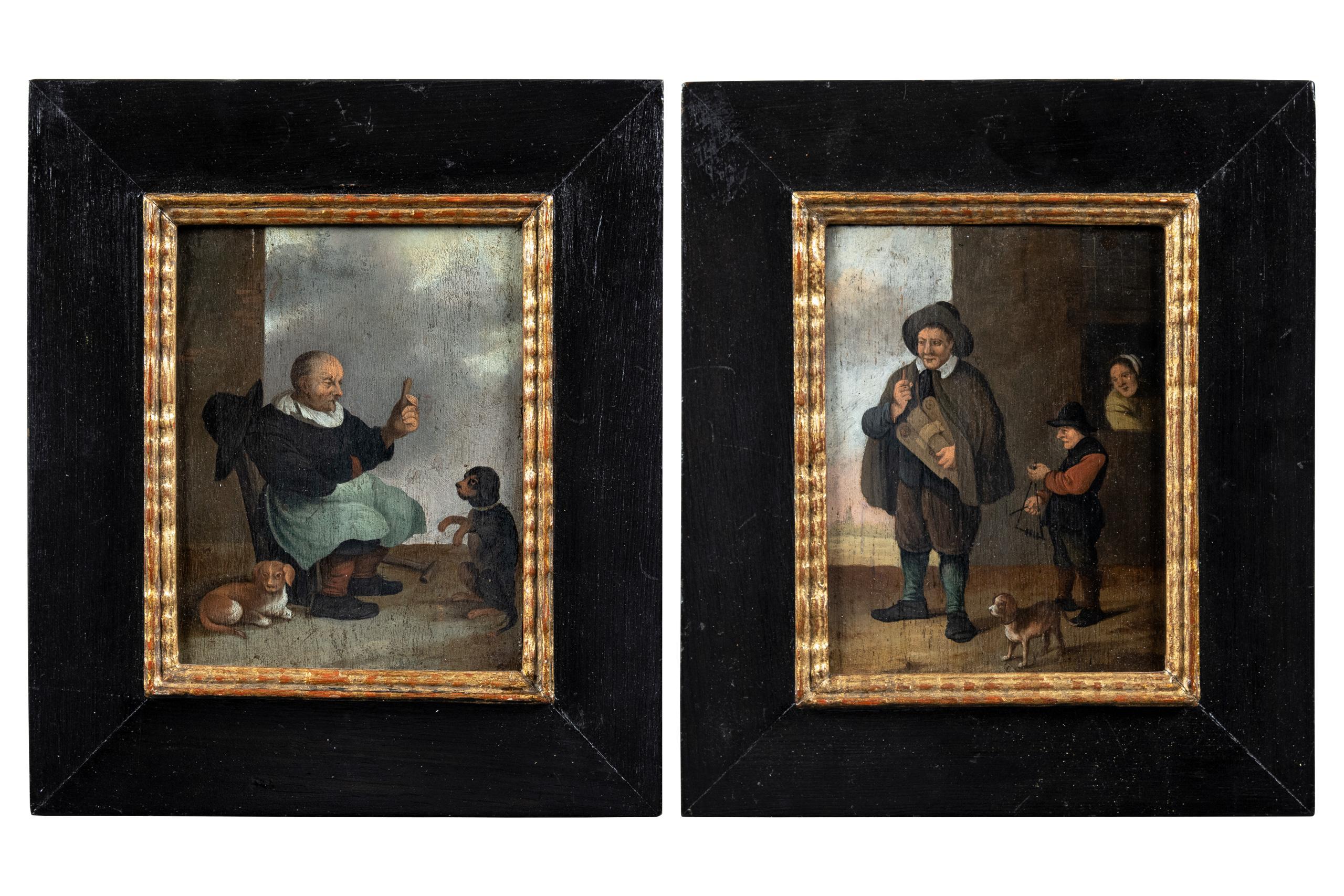 David Teniers the Younger Interior Painting - Pair of 17th-18th century Dutch paintings - Dogs figures - Oil on panel