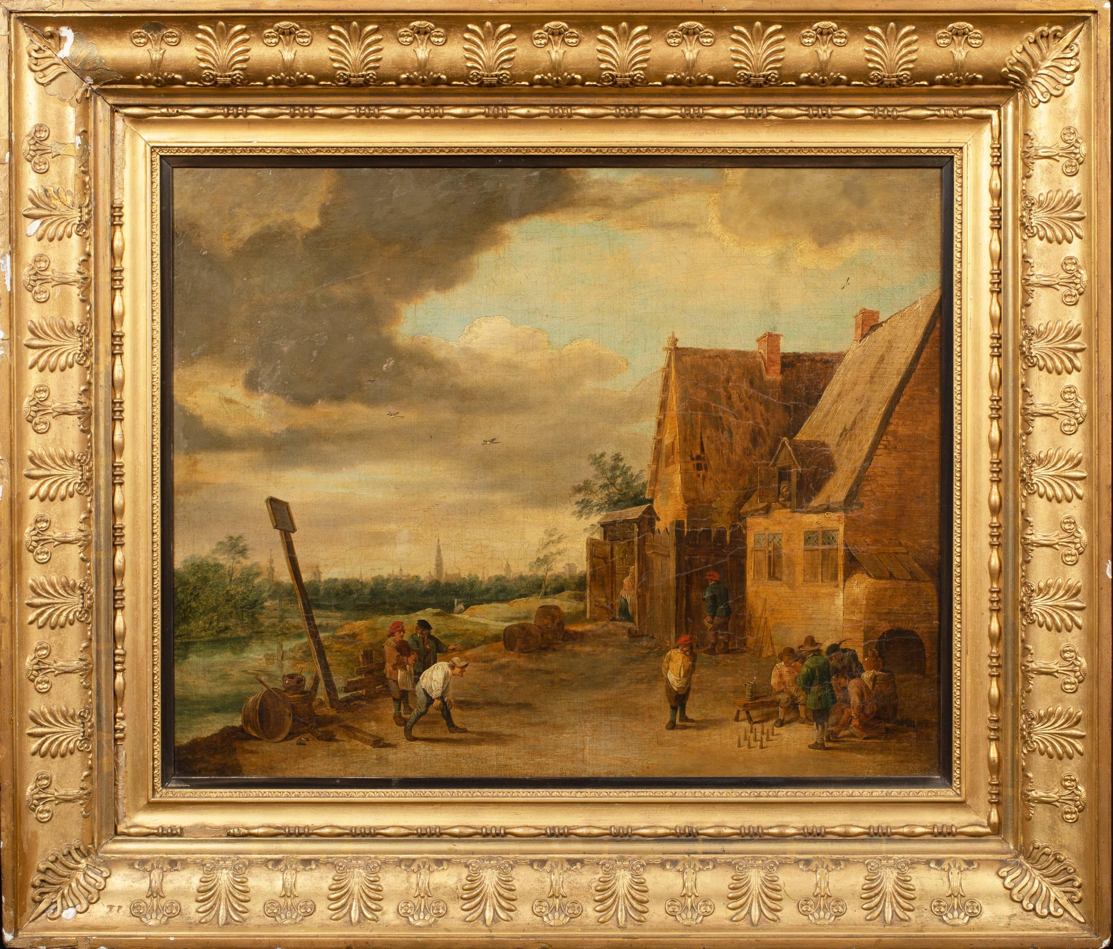 Peasants Bowling Outside A Tavern, Antwerp, 17th Century  - Painting by David Teniers the Younger