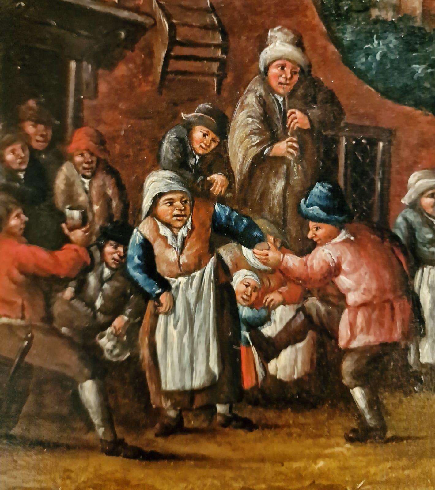 Charming tavern scene depicting drunken peasants enjoying dancing and drinking in front a farmhouse/ tavern in a landscape. Painted in great detail in vivid colors on a hand cut oak panel. 

Circa 1700, follower of David Teniers the Younger, Antwerp
