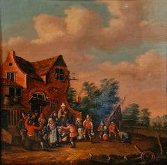Antique Tavern scene with drunken peasants enjoying dancing and drinking, after Teniers