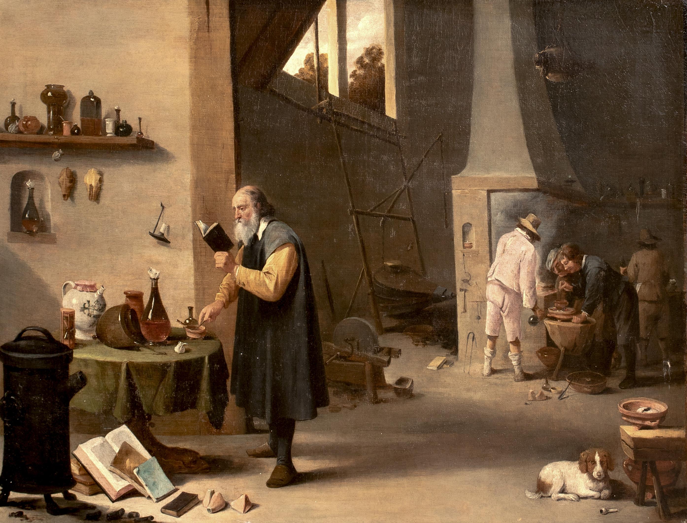 Il laboratorio degli alchimisti, 17° secolo  Scuola di  DAVID TENIERS THE YOUNGER - Portrait Painting Marrone di David Teniers the Younger