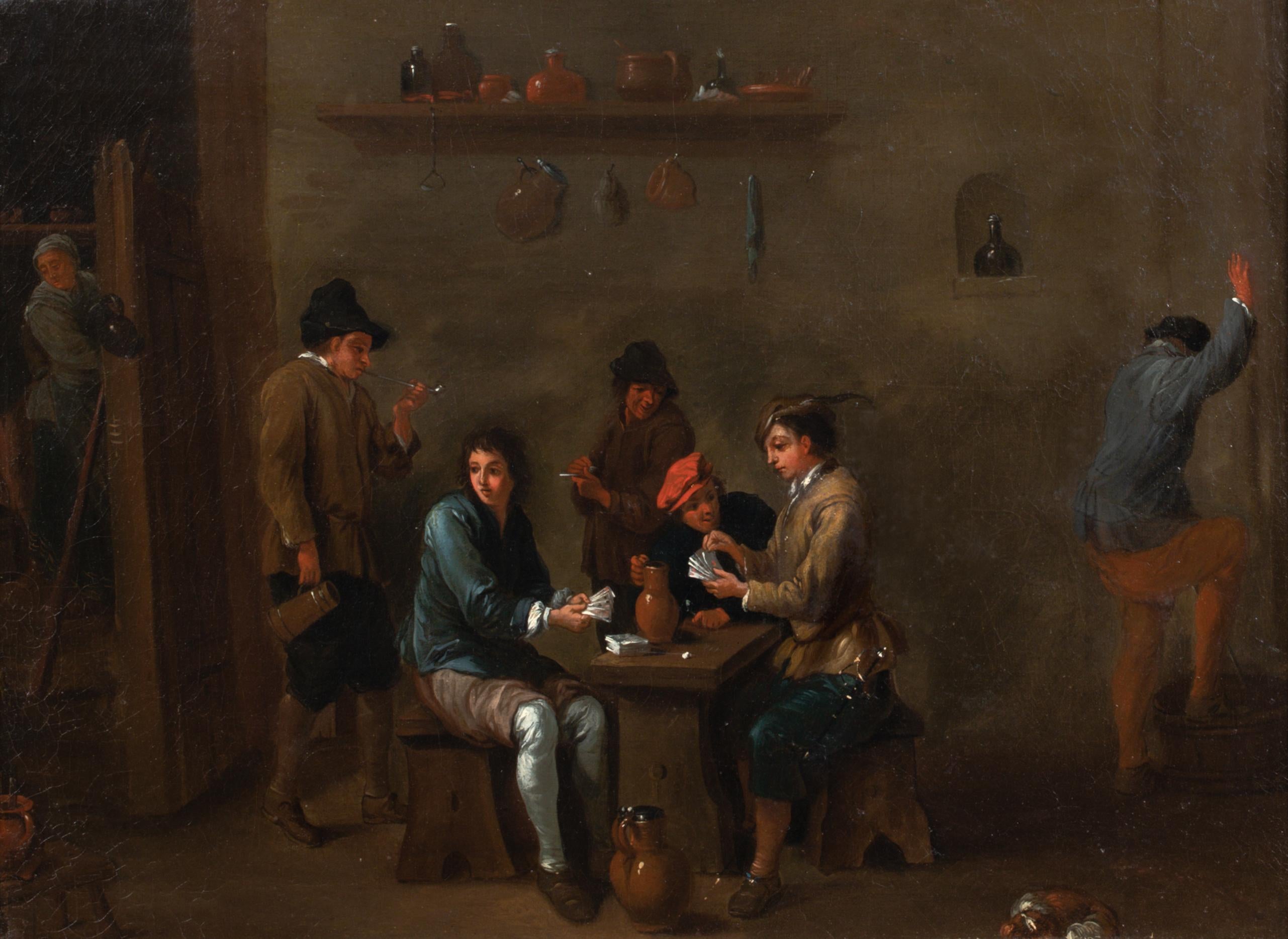 The Card Game, 17th Century

inscribed David TENIERS (1610-1690)

Large 17th Century Dutch Old Master interior tavern scene of peasants drinking, gambling, cheating, smoking and urinating, oil on canvas. Excellent quality and condition, presented in