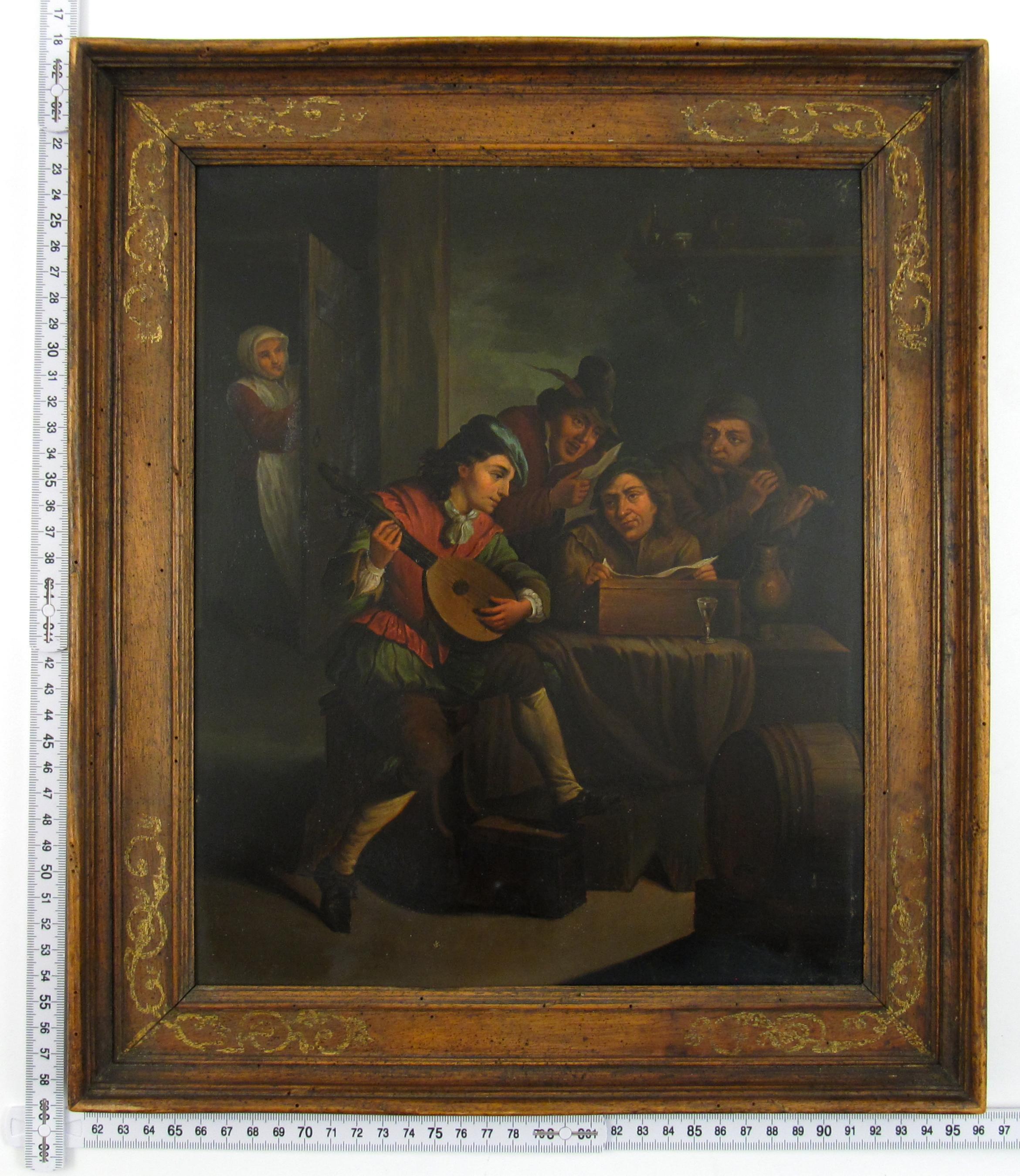 The Lute Player - A Flemish Interior after David Teniers II - 18thC Oil Painting For Sale 6