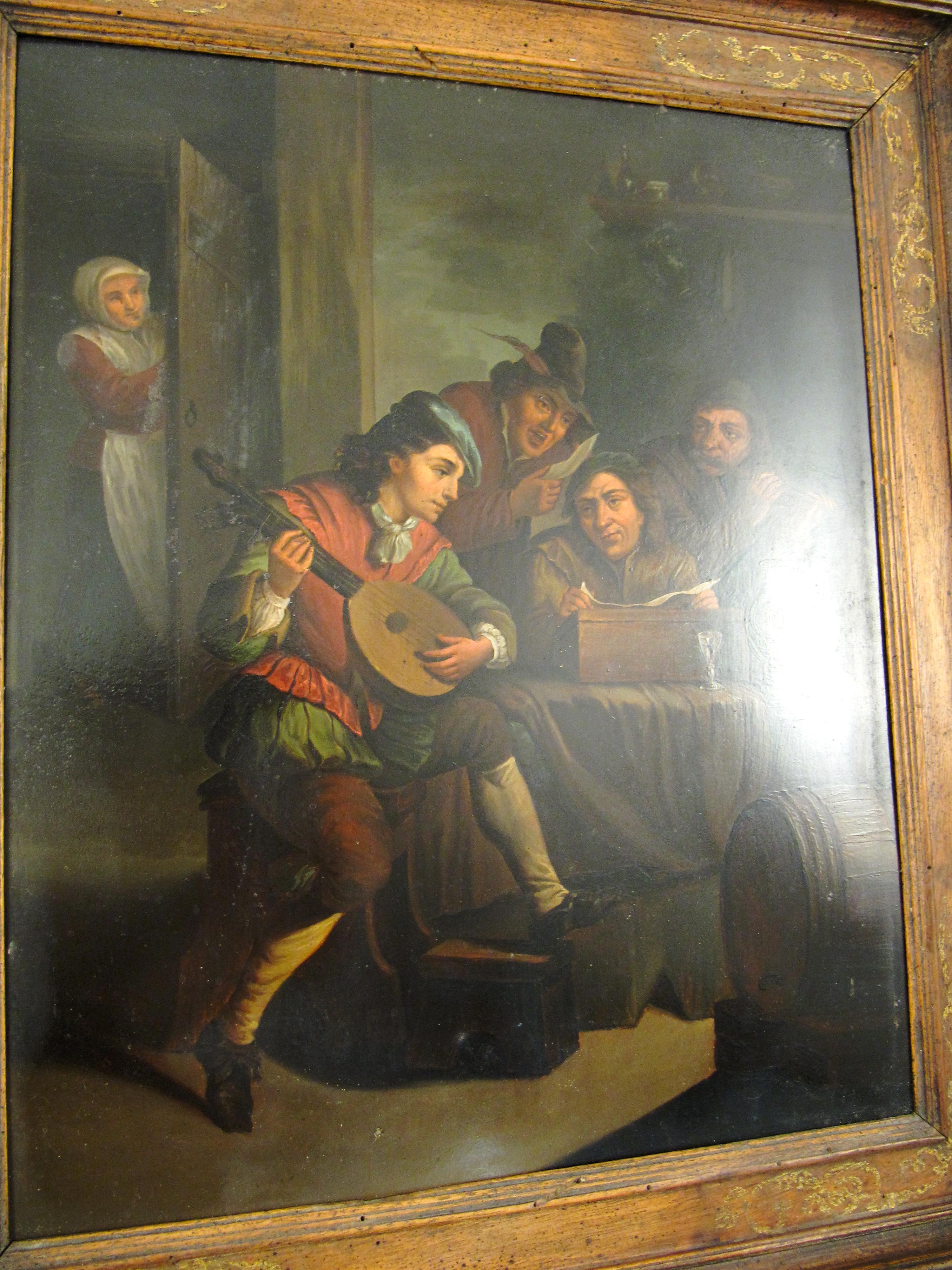 The Lute Player - A Flemish Interior after David Teniers II - 18thC Oil Painting For Sale 8