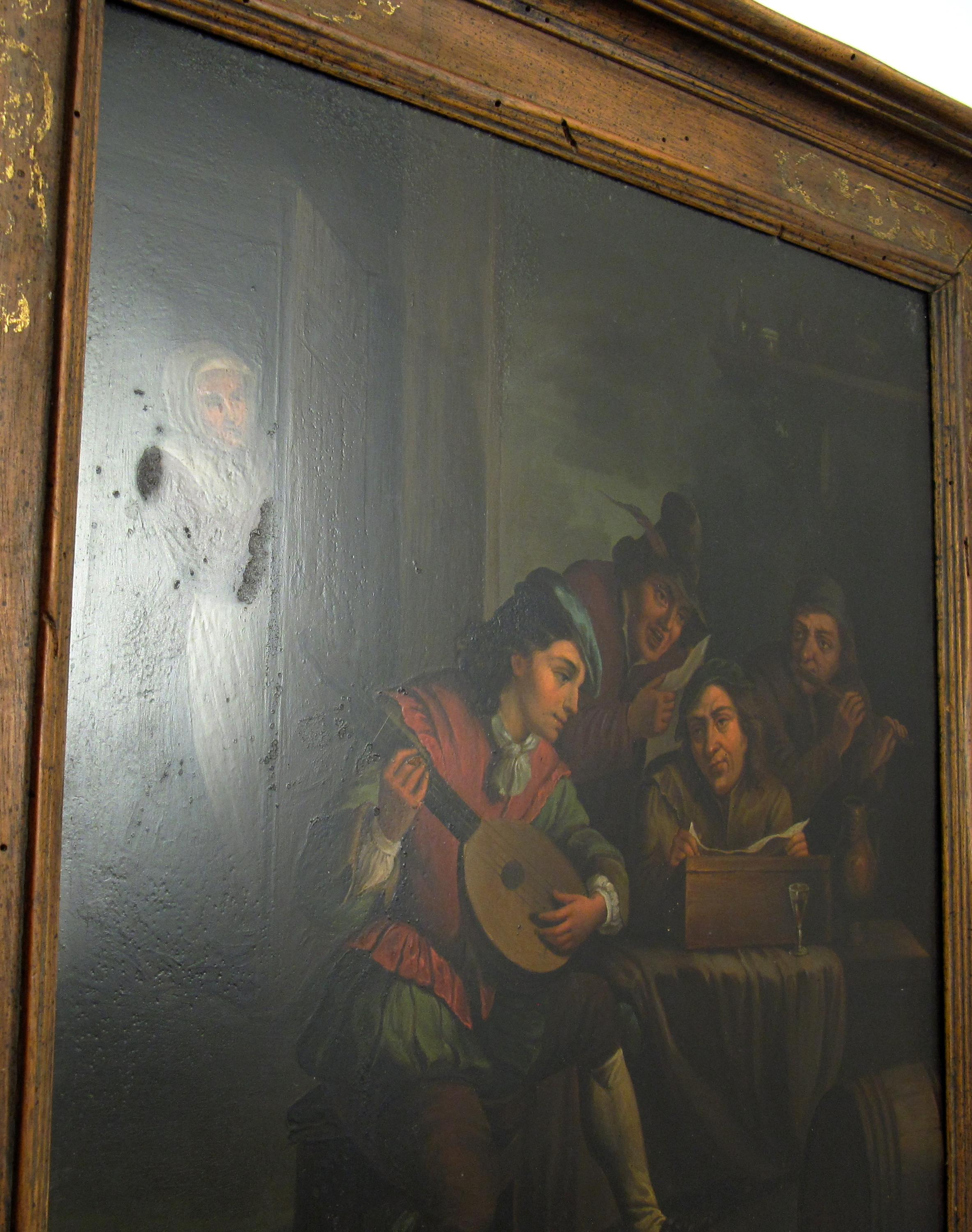 The Lute Player - A Flemish Interior after David Teniers II - 18thC Oil Painting For Sale 3