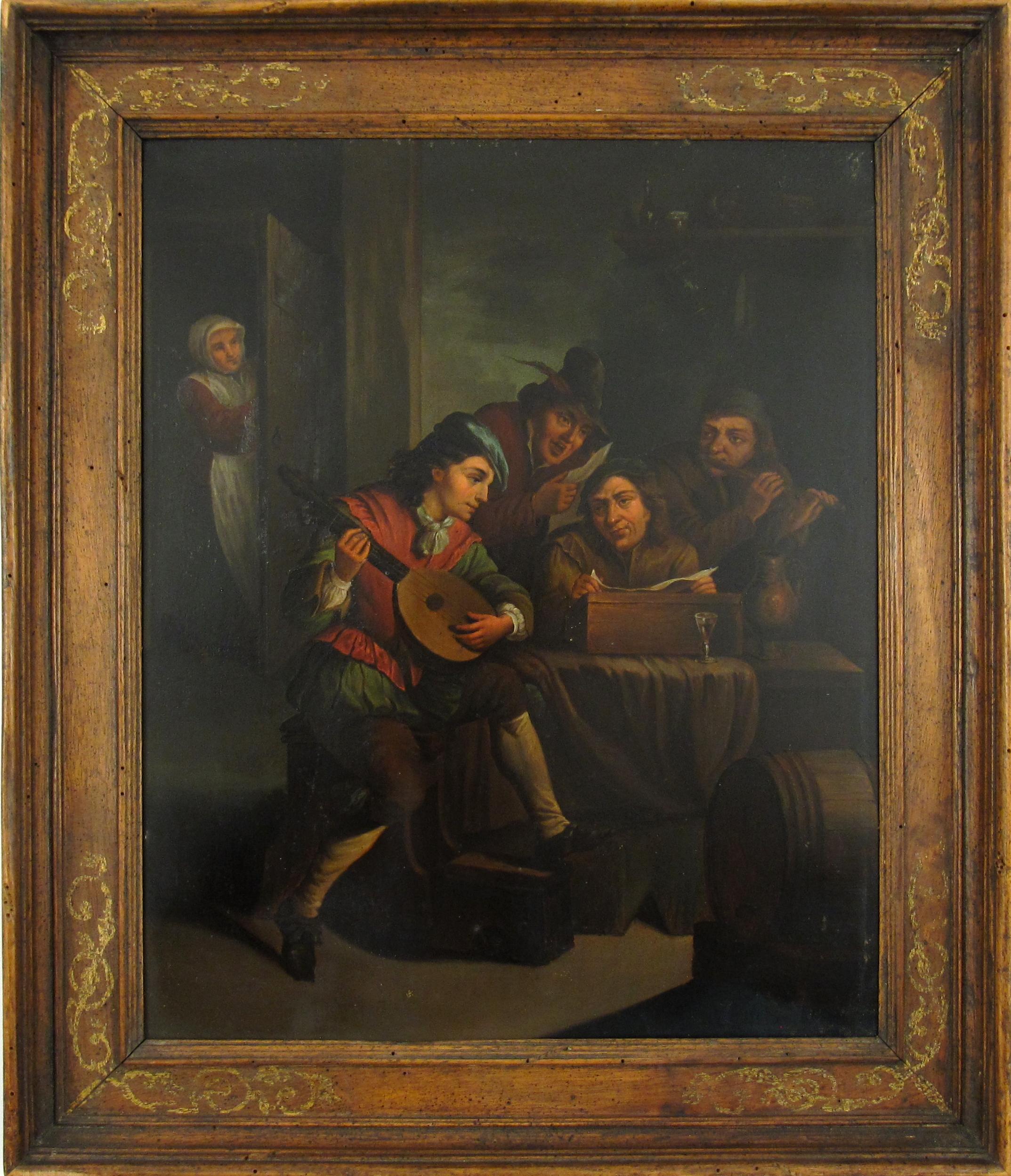 Le joueur de luth - Un intérieur flamand d'après David Teniers II - Peinture à l'huile du XVIIIe siècle