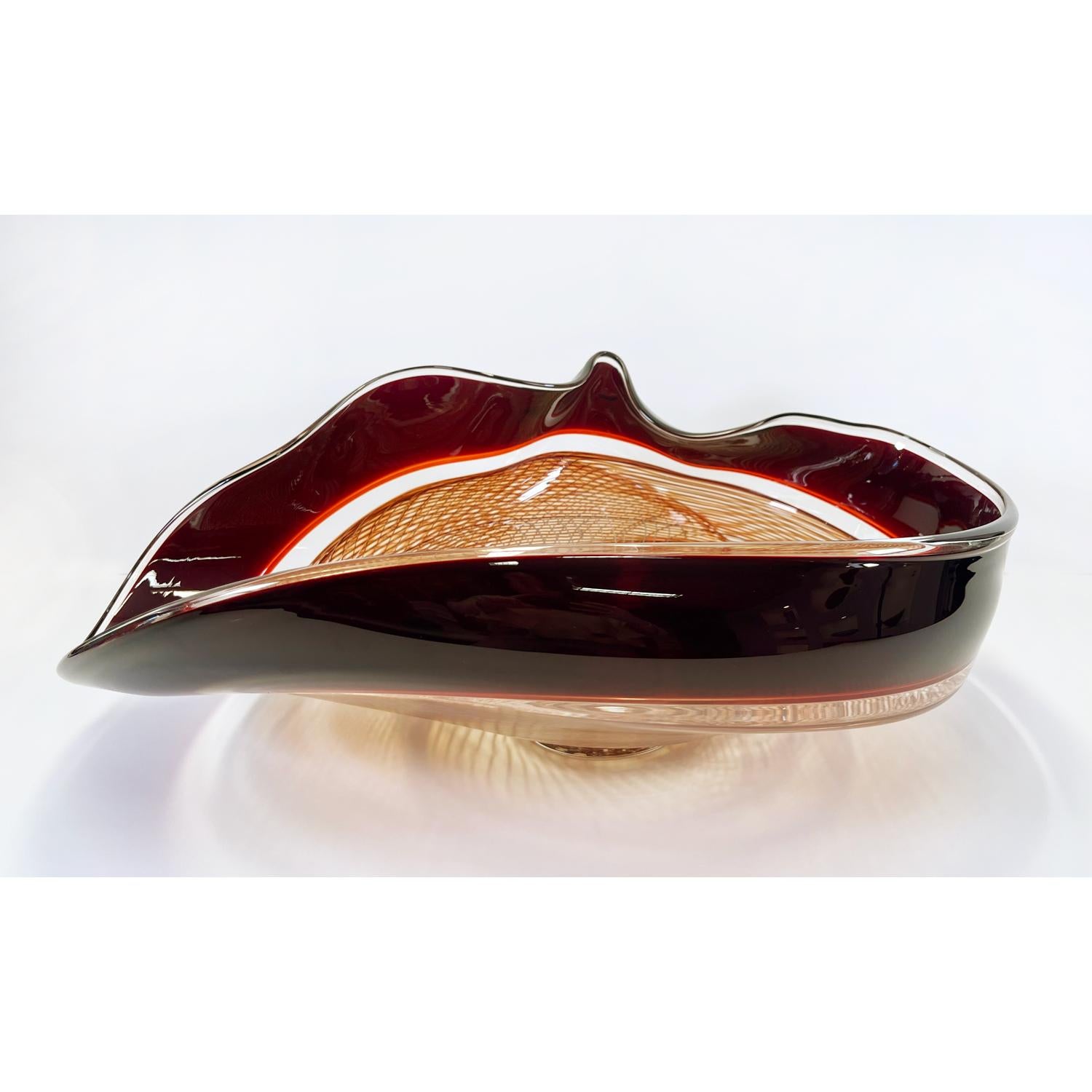 David Thai Abstract Sculpture - Amber/Autumn Red Rondelle Bowl, Modern Canadian Glass Sculpture, 2023