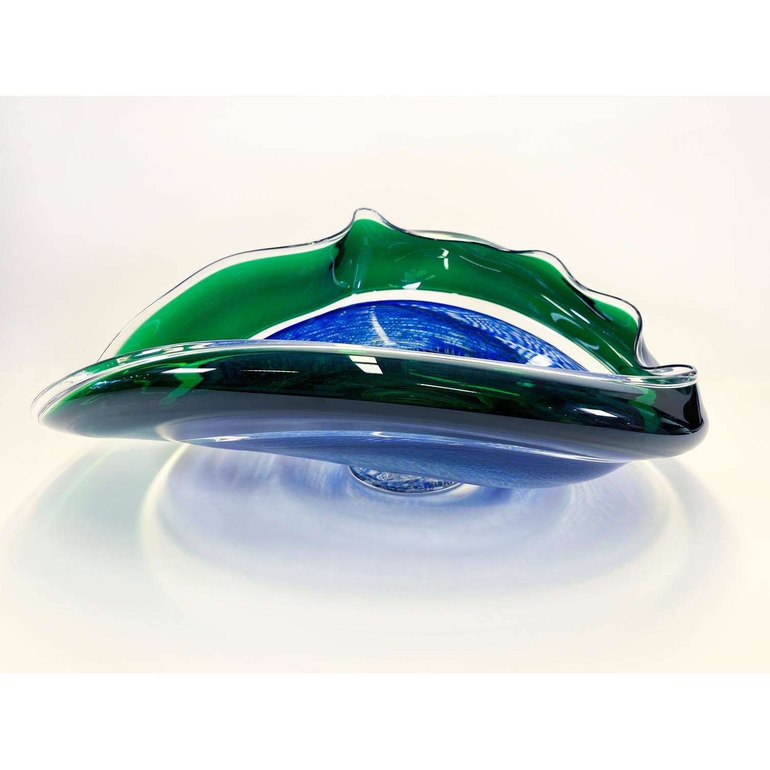 Blue/Emerald Rondelle Bowl, Modern Canadian Glass Sculpture, 2023 - Art by David Thai