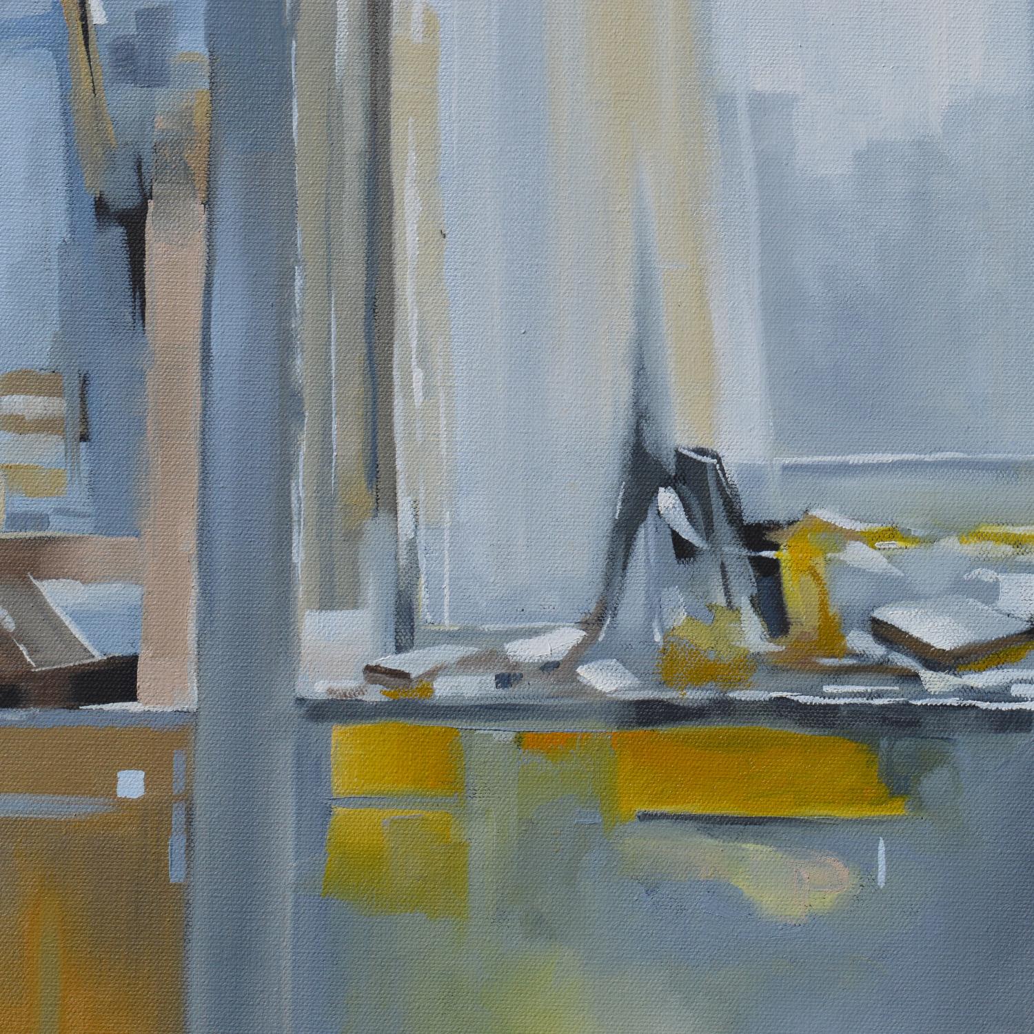 Finestra posteriore, pittura a olio - Interior Painting Grigio di David Thelen