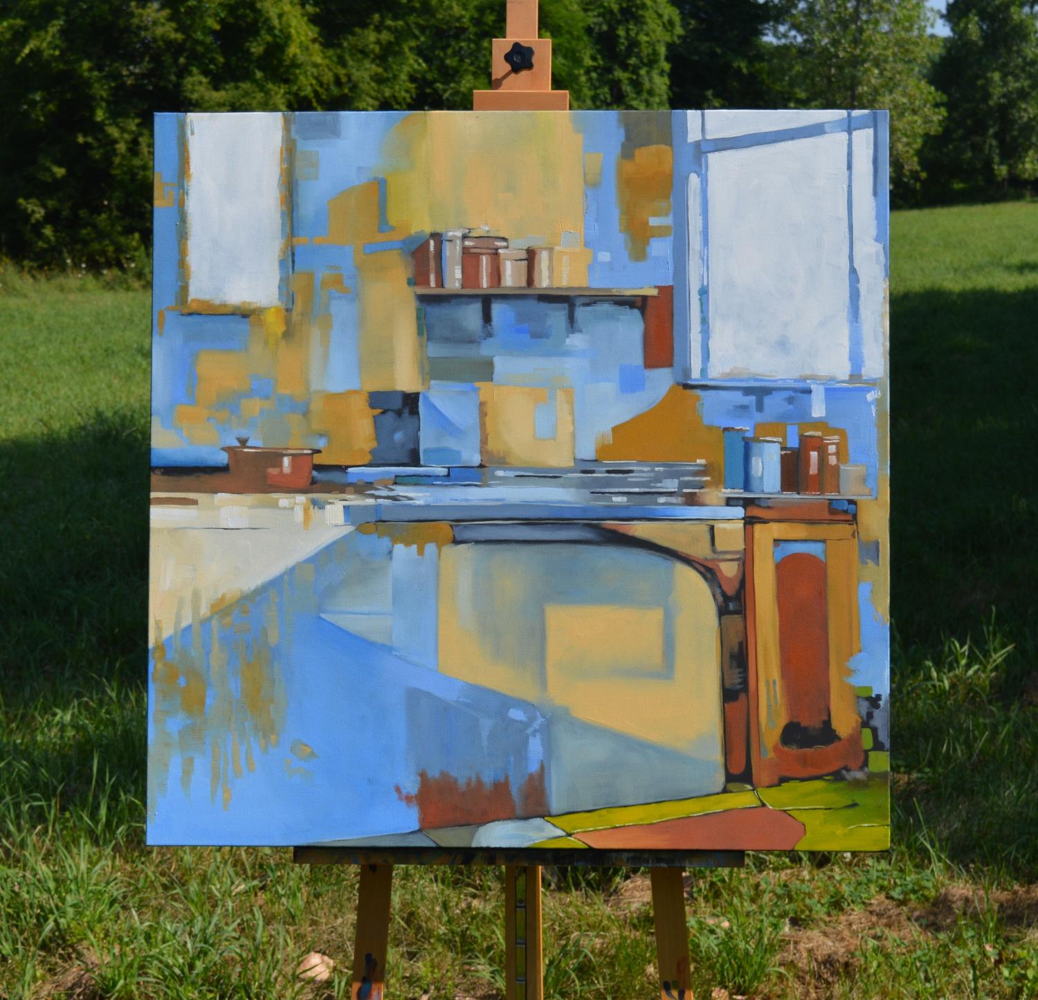 <p>Artist Comments<br>A kitchen interior unfolds in a calm, contemporary style as sharp architectural lines meet soft edges. Artist David Thelen layers color and form to build a scene that feels both complex and simple. The result is a quiet space