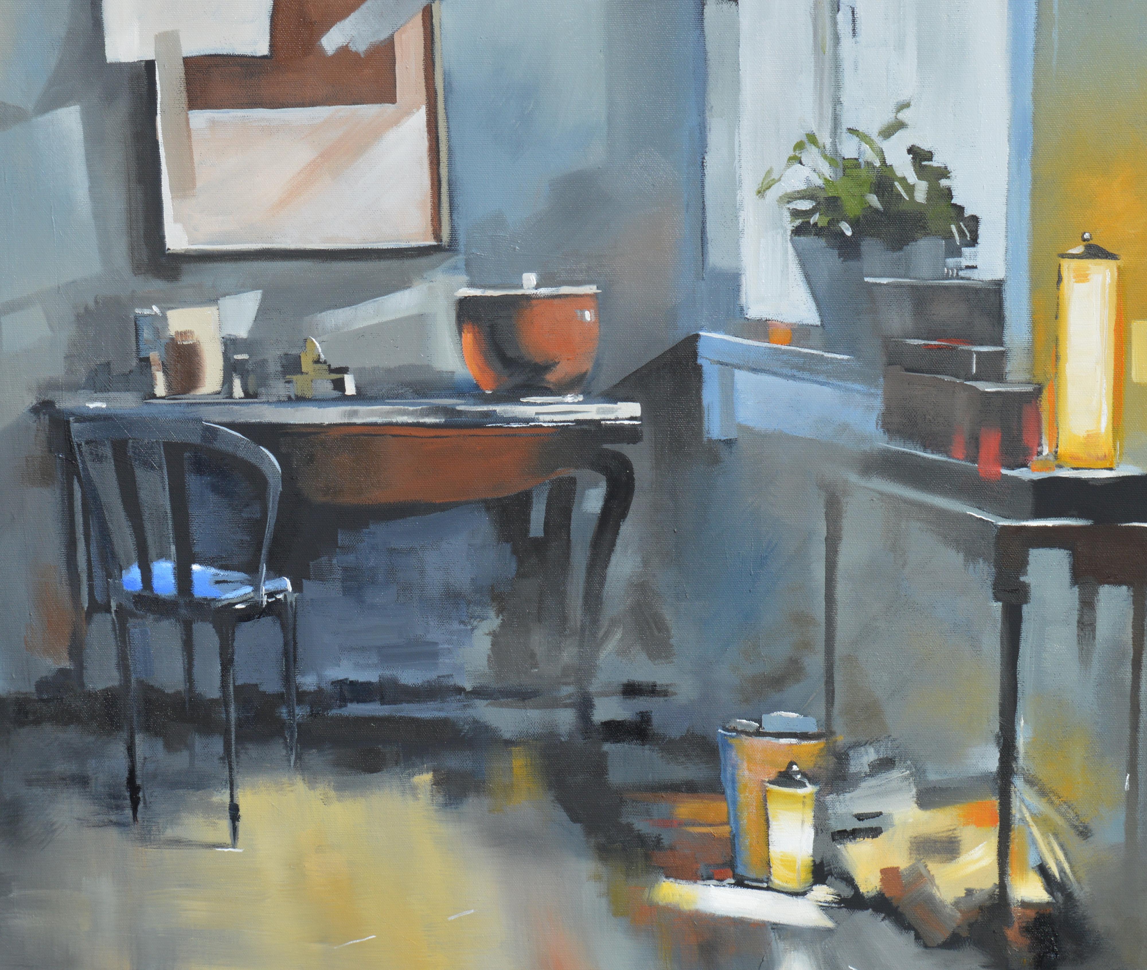 Eckschreibtisch, Ölgemälde (Grau), Interior Painting, von David Thelen