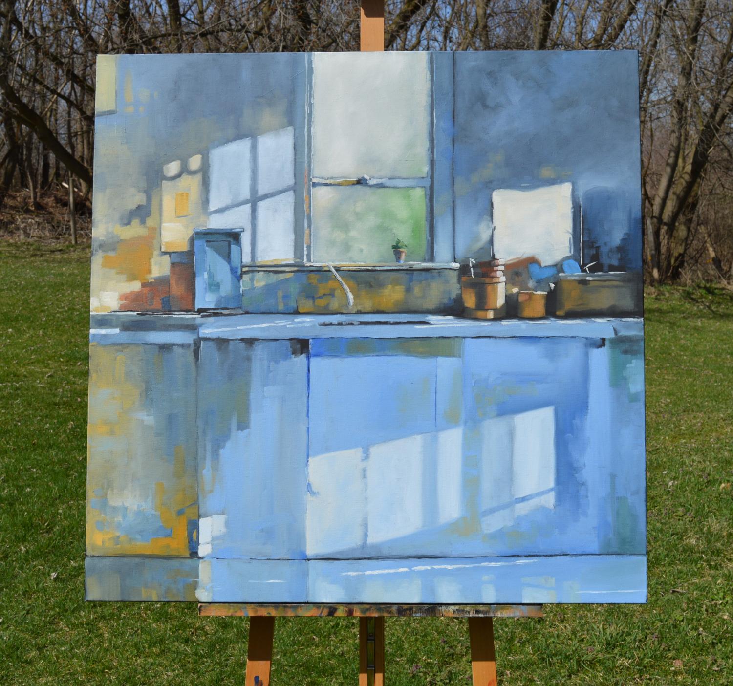 <p>Artist Comments<br>This painting offers a glimpse into a modern interior, where natural light floods geometric spaces and reflective surfaces echo the quiet rhythm of everyday life. Rendered in soft grays and blues with touches of yellow, artist