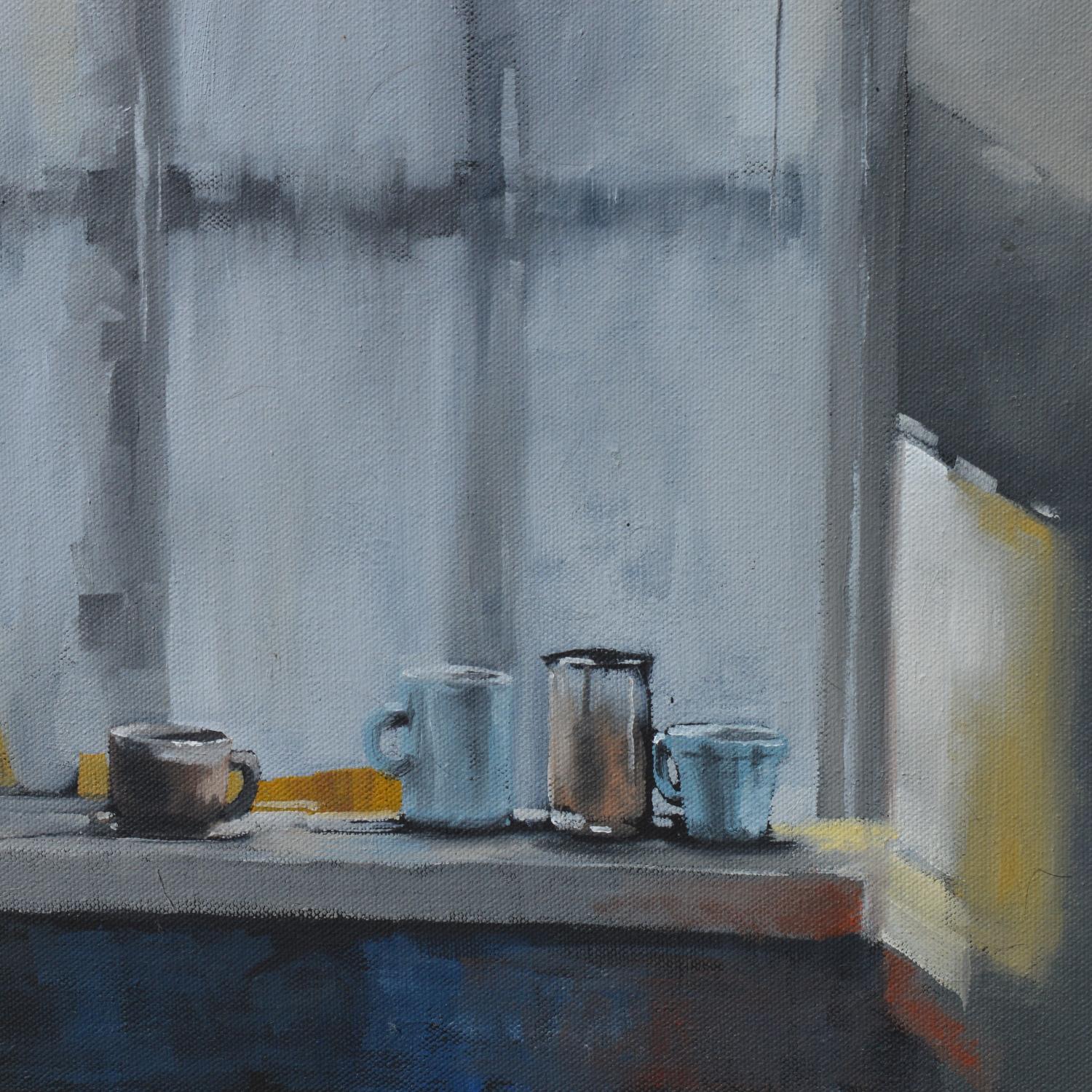 Domenica mattina piovosa, pittura a olio - Interior Painting Grigio di David Thelen