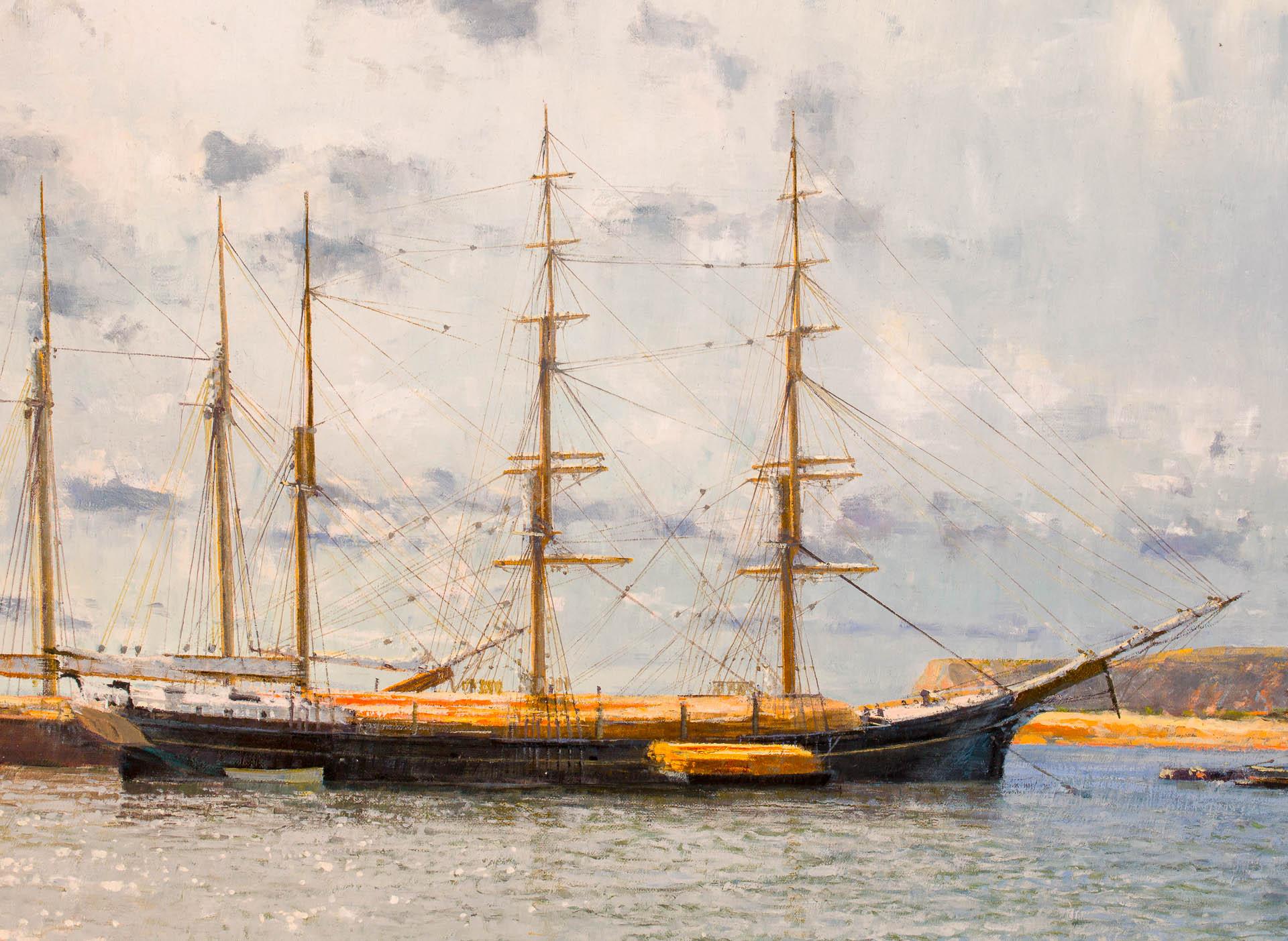This bright and serene scene of ships unloading off San Diego, California features a ship with a less than quiet history. The painting shows a typically bright and sunny Southern California day, the deep blue waters of San Diego providing the