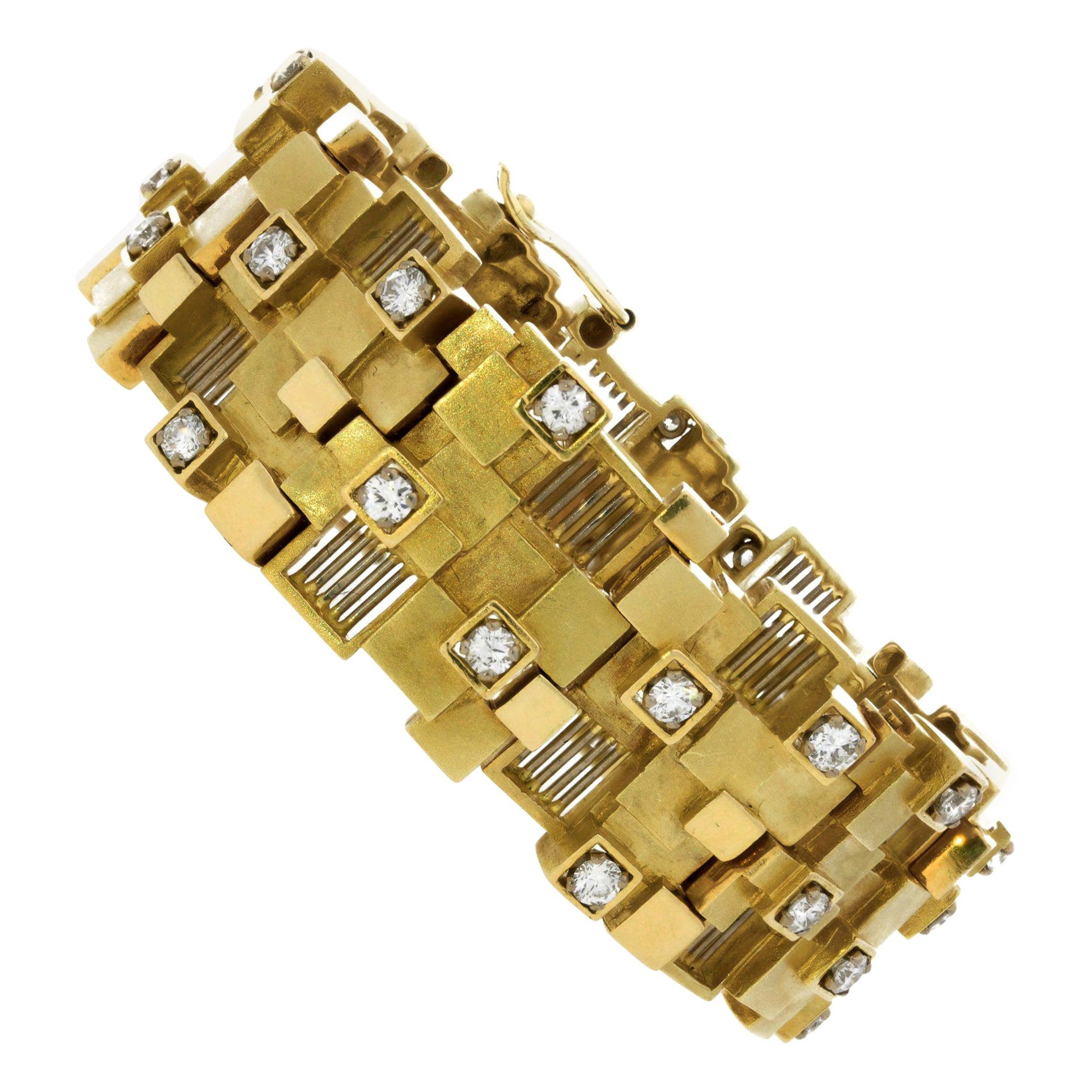 David Thomas 18 Carat Gold and Diamond Modernist Strap Bracelet, circa 1960s