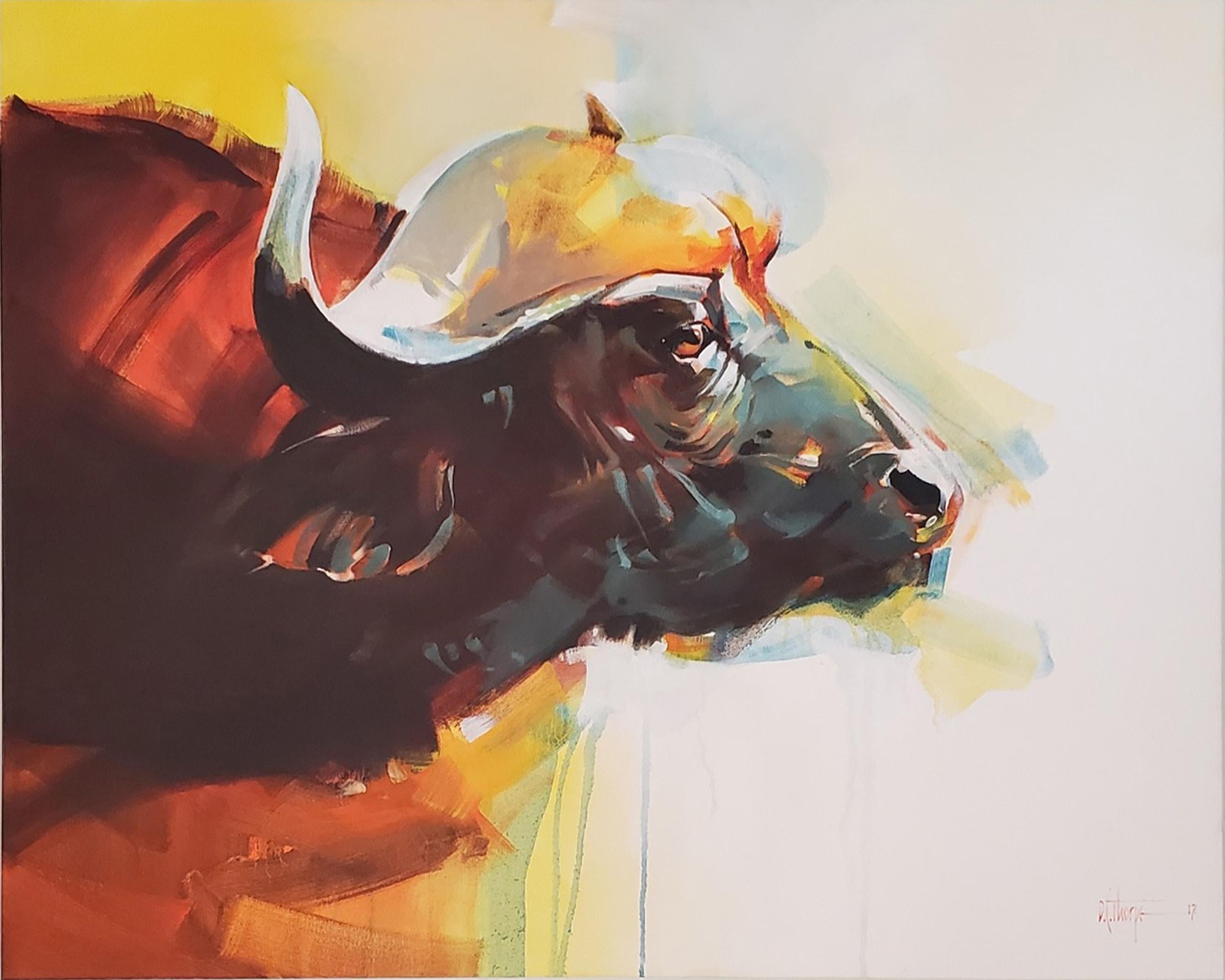 Cape Buffalo, Pop Art Oil on Canvas Painting by David Thorpe
