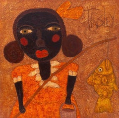 David Tinsley "Catch of the Day" Folk Art Oil on Panel