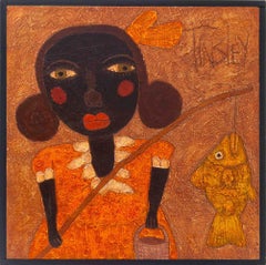 David Tinsley "Catch of the Day" Folk Art Oil on Panel