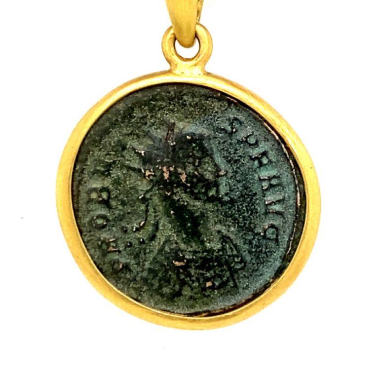 Women's or Men's David Tishbi 22K Gold Framed Roman Coin Pendant on Roman Glass Beaded Necklace  For Sale