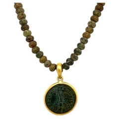 David Tishbi 22K Gold Framed Roman Coin Pendant on Roman Glass Beaded Necklace
