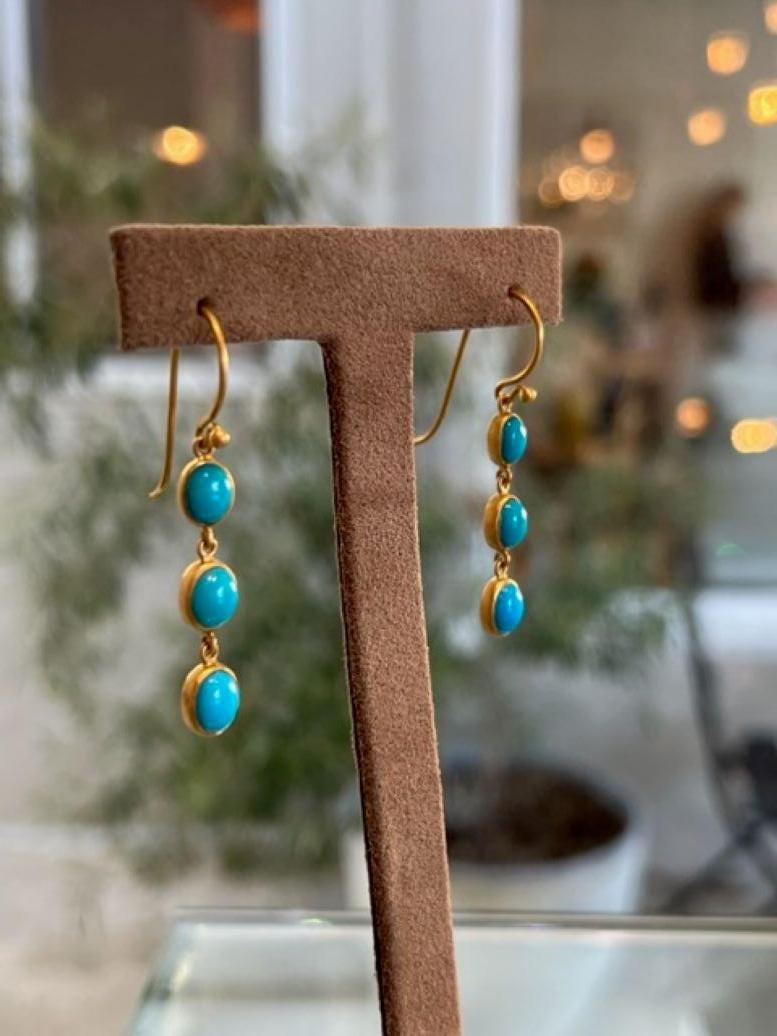 Artisan David Tishbi 22K Gold Free Form Turquoise Drop Earrings For Sale