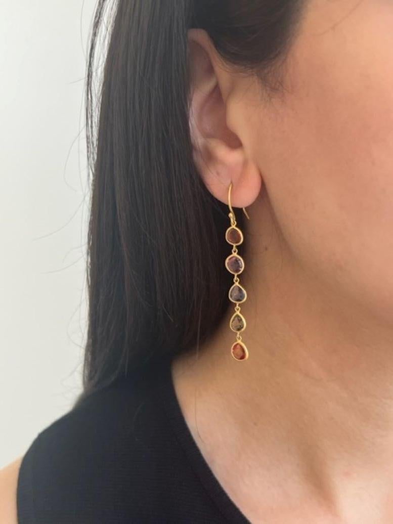 This 22K Gold Wrapped Free Form Multi Stone Sapphire Drop Earrings are specially crafted by David Tishbi in Pacific Palisades CA 

22 Karat Gold 10 Multi-Color Sapphire 6.5 CTW Drop Earrings
22k French Hook  

David Tishbi offers:

Limited lifetime