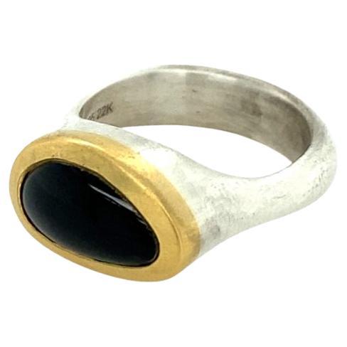 David Tishbi 22K Gold & Sterling Silver Bezel Free Form Onyx Ring  For Sale