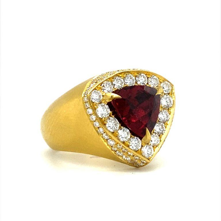 Trillion Cut David Tishbi 22K Gold Trillion Garnet Pave Diamond Cocktail Ring For Sale