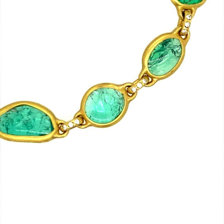 Mixed Cut David Tishbi 22K Gold Wrapped Free Form Emerald and Diamond Bracelet For Sale