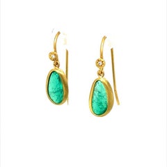 David Tishbi 22K Gold Wrapped Free Form Emerald and Diamond Earrings