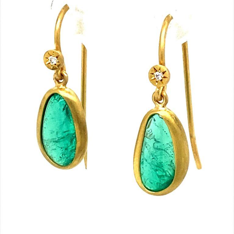 Artisan David Tishbi 22K Gold Wrapped Free Form Emerald and Diamond Earrings For Sale