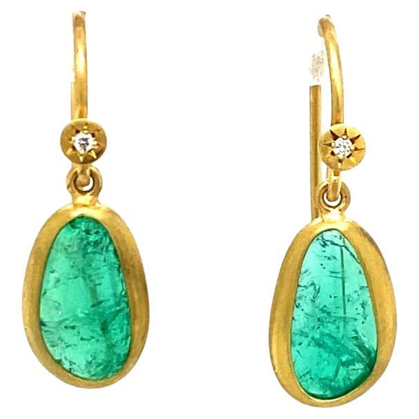 David Tishbi 22K Gold Wrapped Free Form Emerald and Diamond Earrings For Sale