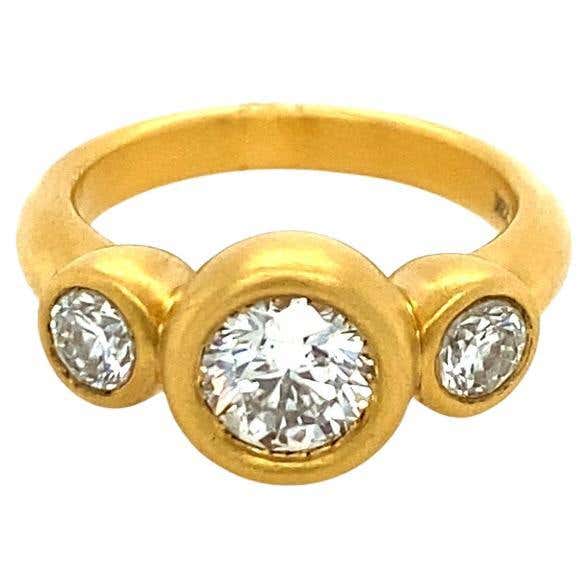 Color Diamond Three-Stone Bezel Set in 22k Gold Engagement Bridal Ring ...