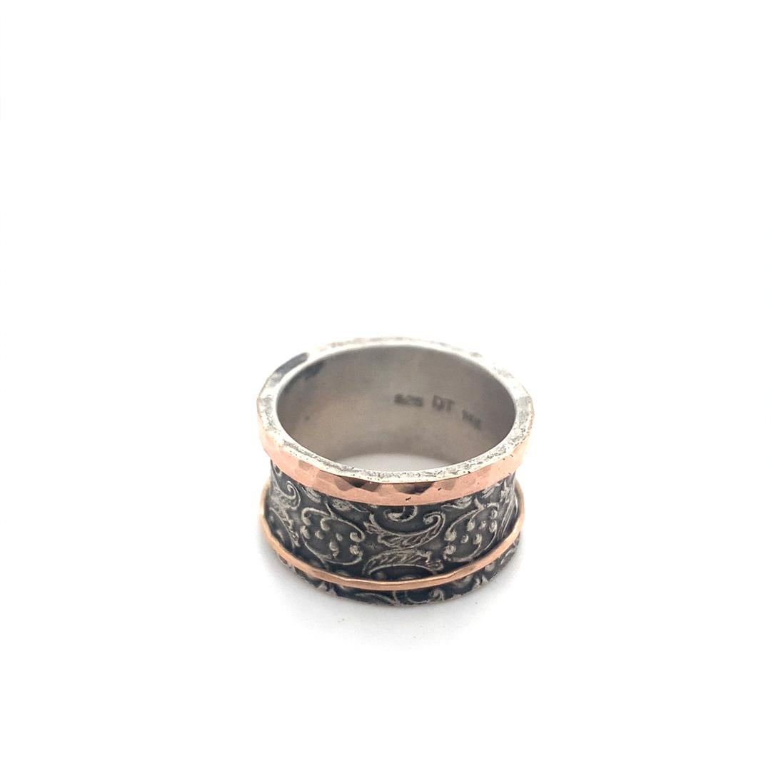 Artisan David Tishbi Antiqued Silver Floral Design Rose Gold Edge & Spinner Ring 11mm For Sale