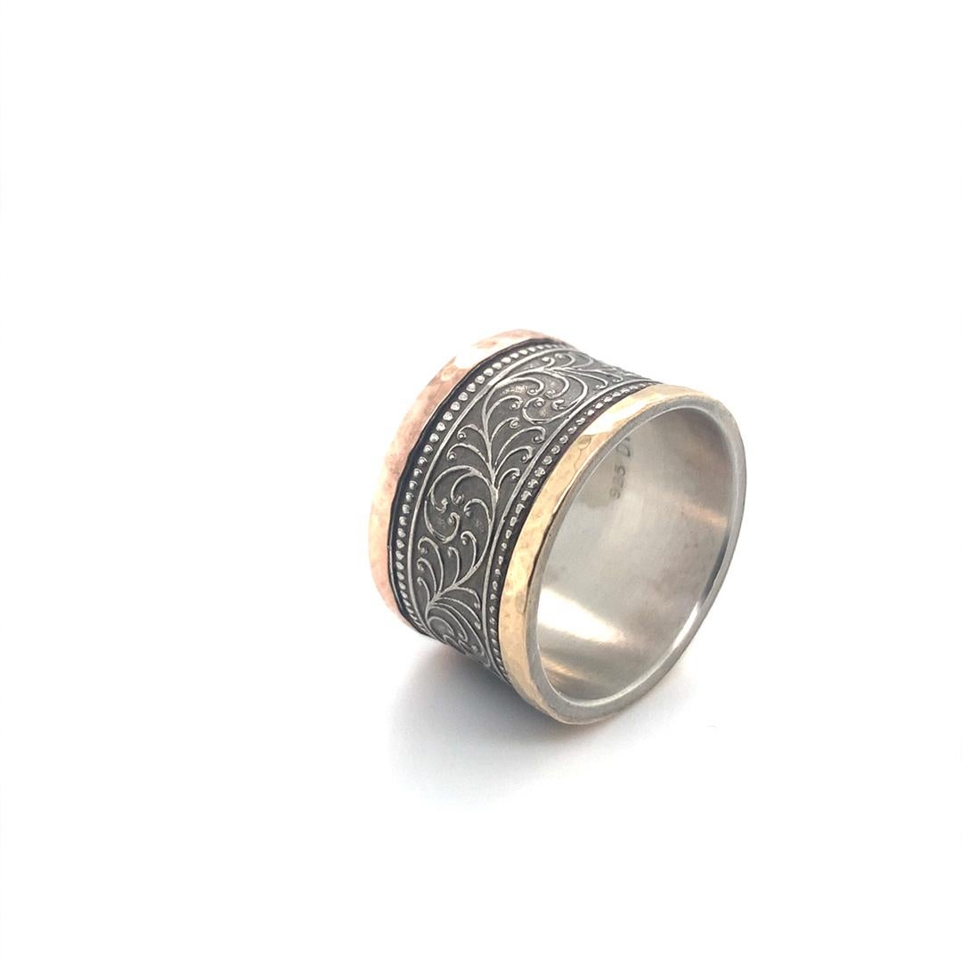 Artisan David Tishbi Antiqued Silver With Hammered Rose & Yellow Gold Edges Ring 13mm For Sale