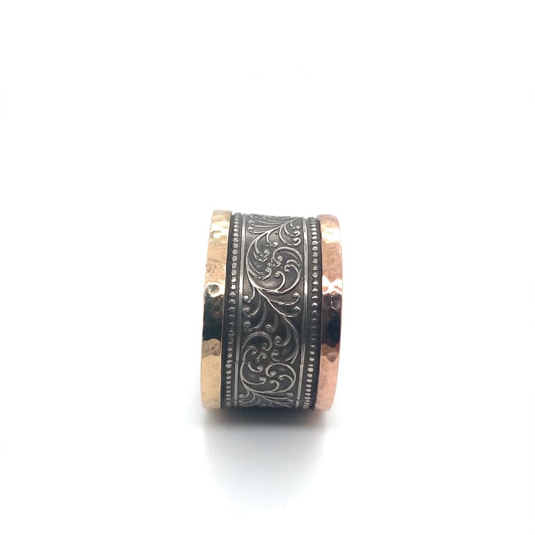 David Tishbi Antiqued Silver With Hammered Rose & Yellow Gold Edges Ring 13mm In New Condition For Sale In Pacific Palisades, CA