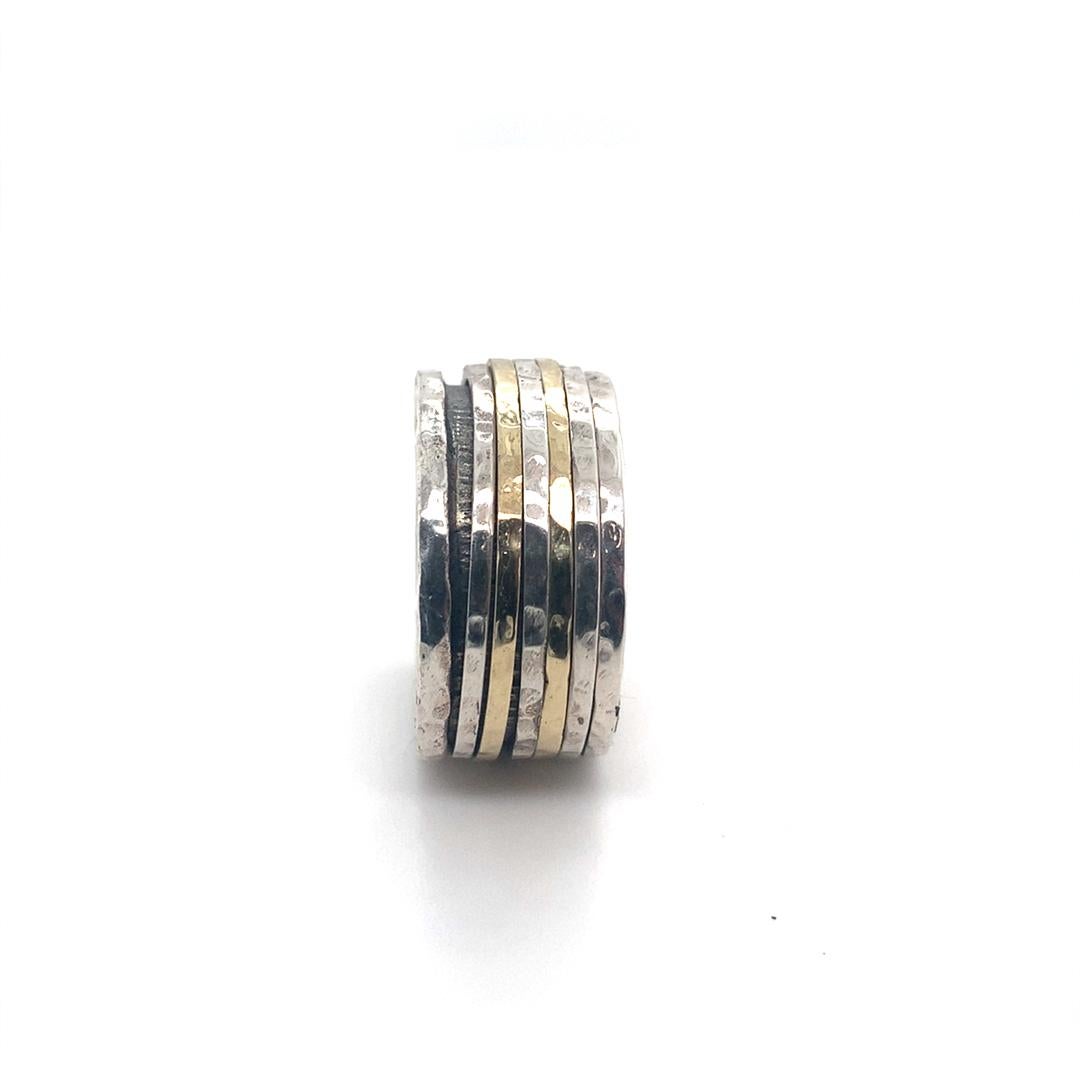 David Tishbi Hammered Sterling Silver & Gold Unisex Spinner Ring 11mm In New Condition For Sale In Pacific Palisades, CA