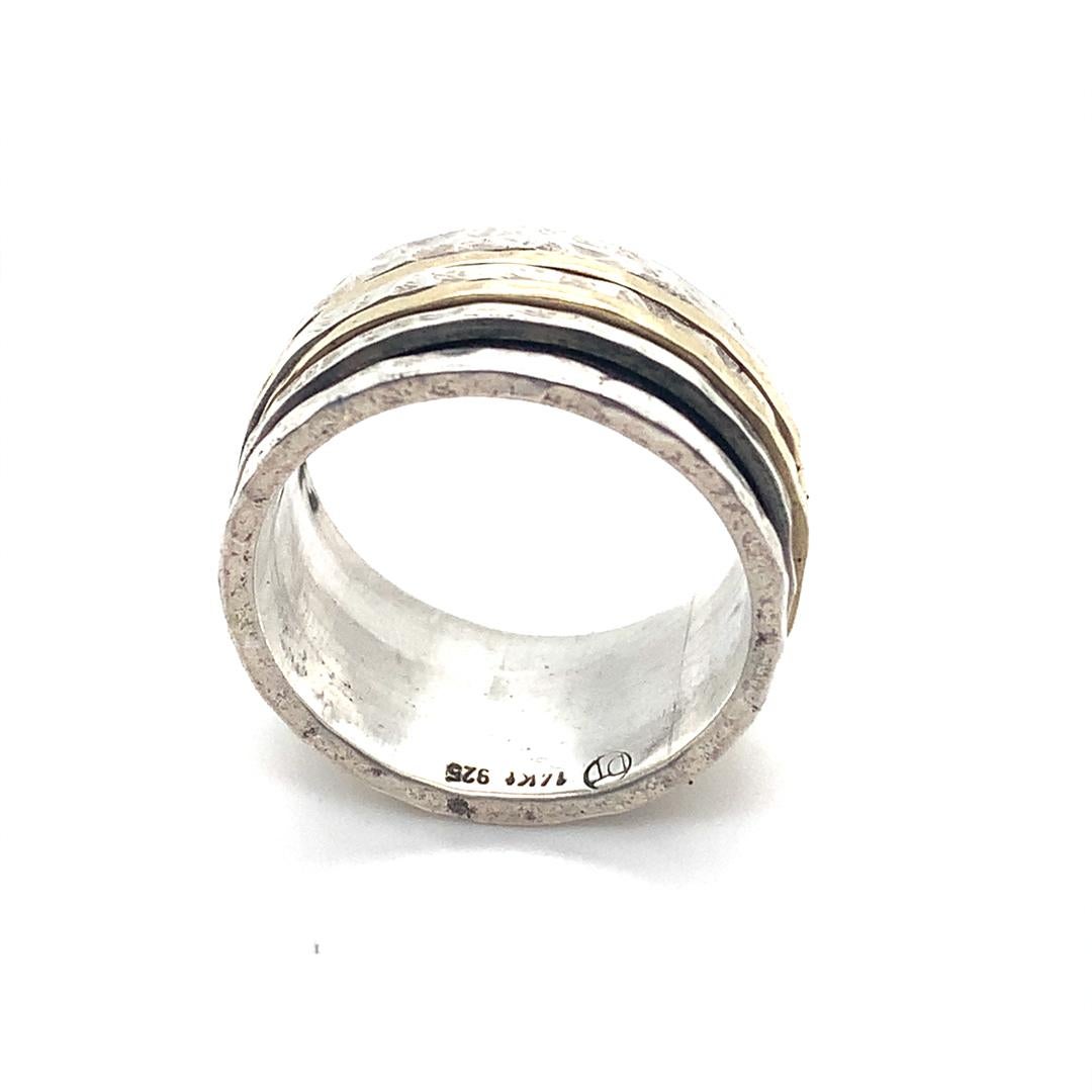 Artisan David Tishbi Hammered Sterling Silver & Gold Unisex Spinner Ring 11mm For Sale