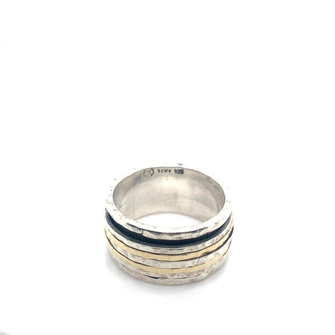 David Tishbi Hammered Sterling Silver & Gold Unisex Spinner Ring 11mm For Sale 1