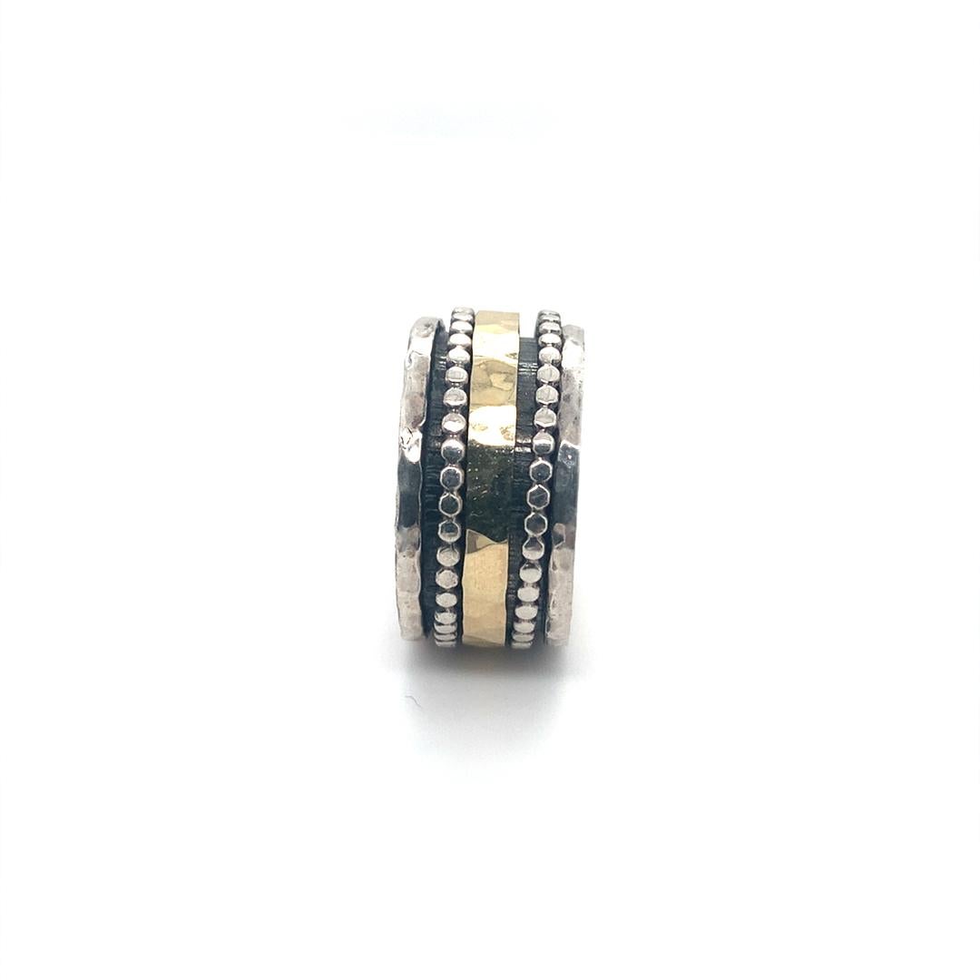Artisan David Tishbi Two Tone Hammered Sterling Silver Dots Spinner Rings 11mm For Sale