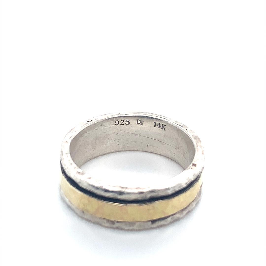 Artisan David Tishbi Two Tone Hammered Sterling Silver Gold Spinner Ring 7mm For Sale