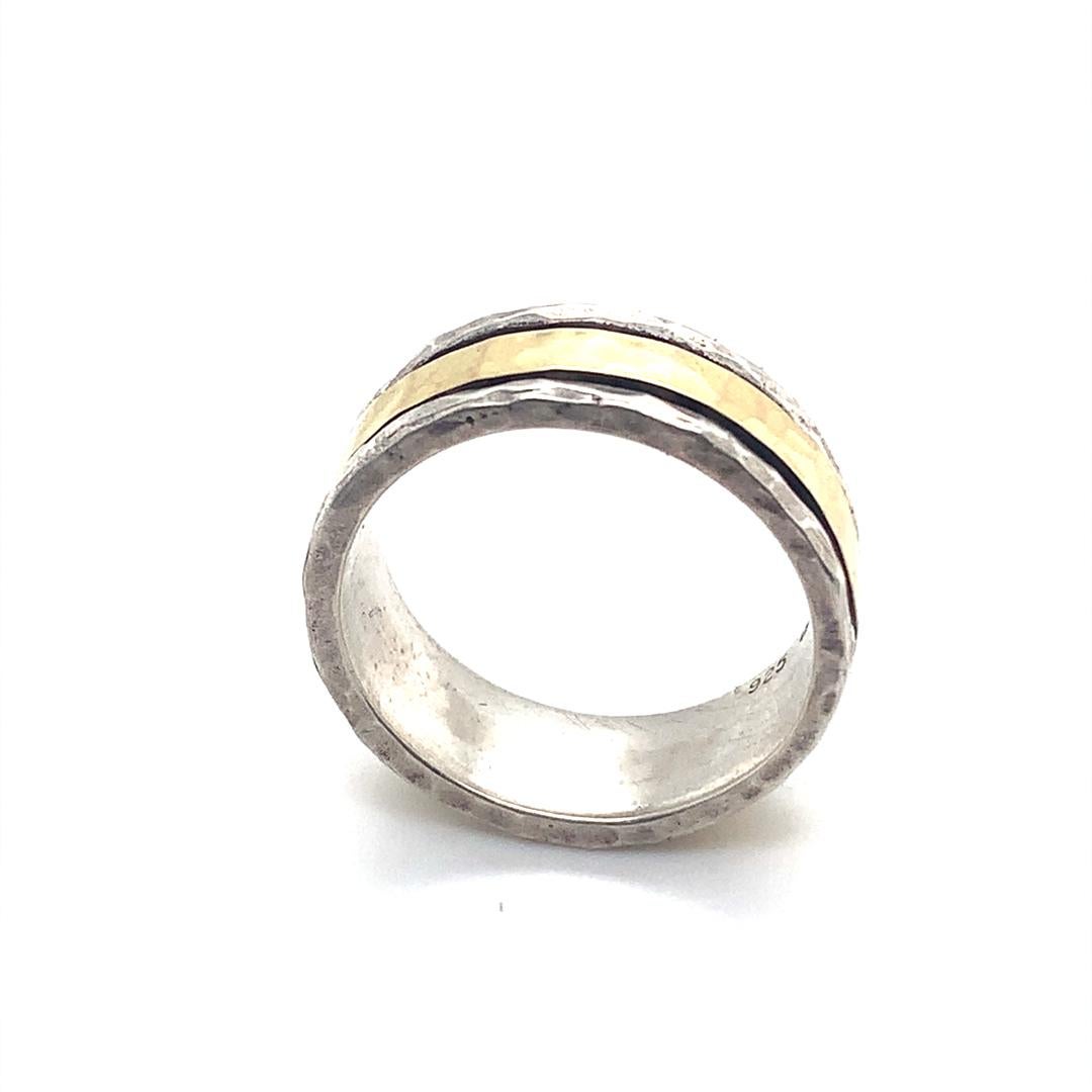 Women's or Men's David Tishbi Two Tone Hammered Sterling Silver Gold Spinner Ring 7mm For Sale