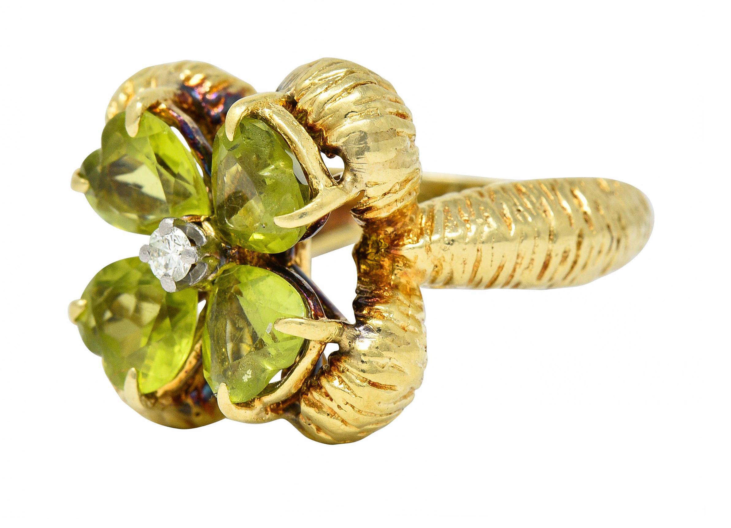 David Trabich Vintage 2.90 Carats Peridot Diamond 14 Karat Gold Four Clover Ring 1
