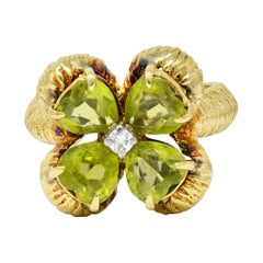 David Trabich Vintage 2.90 Carats Peridot Diamond 14 Karat Gold Four Clover Ring