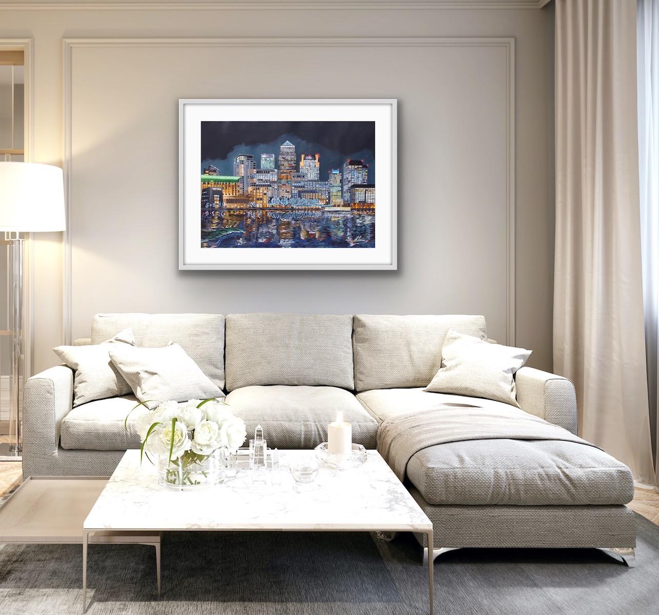 Canary Wharf Neons, Bright Cityscape Gemälde, Londoner Kunst, Realismus-Gemälde – Painting von David Truman