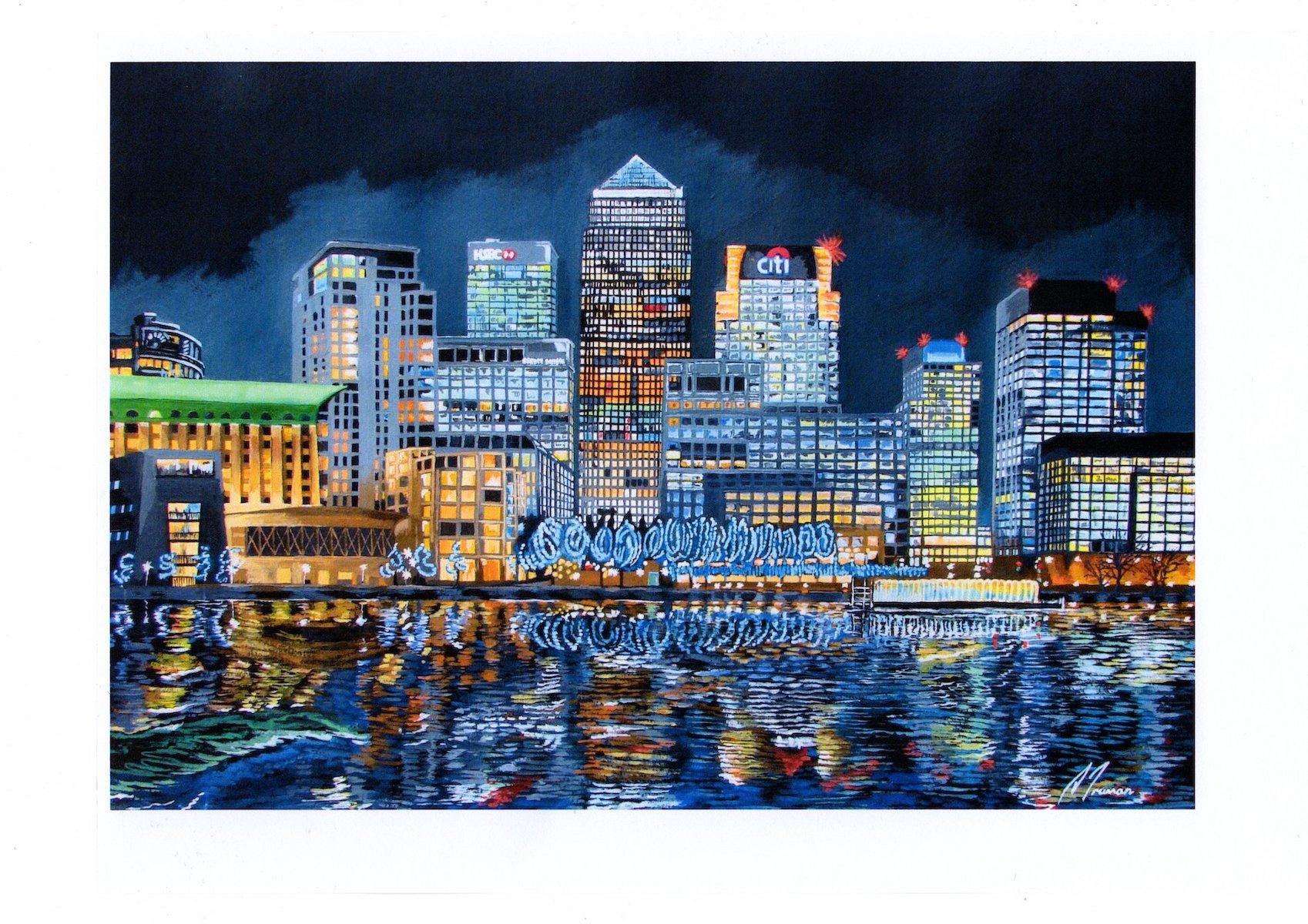Canary Wharf Neons, Bright Cityscape Painting, London Art, Realist Painting - Black Landscape Painting by David Truman