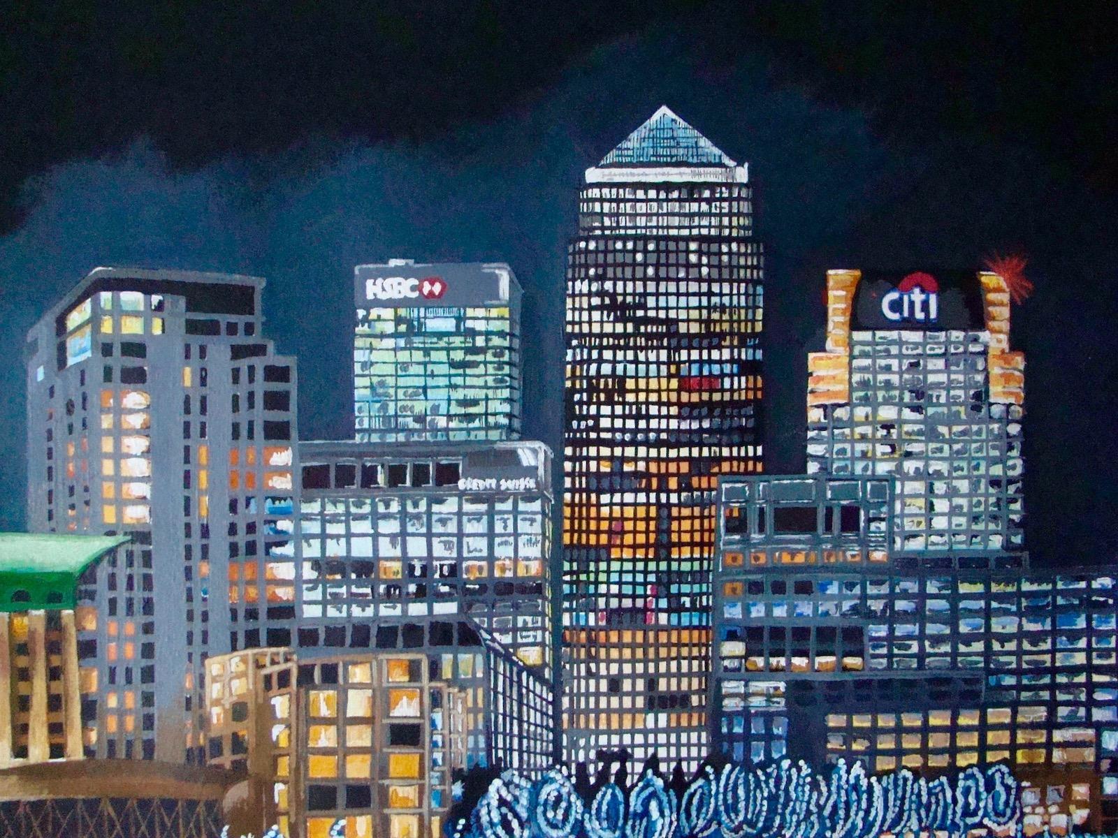 Canary Wharf Neons, Bright Cityscape Gemälde, Londoner Kunst, Realismus-Gemälde im Angebot 1