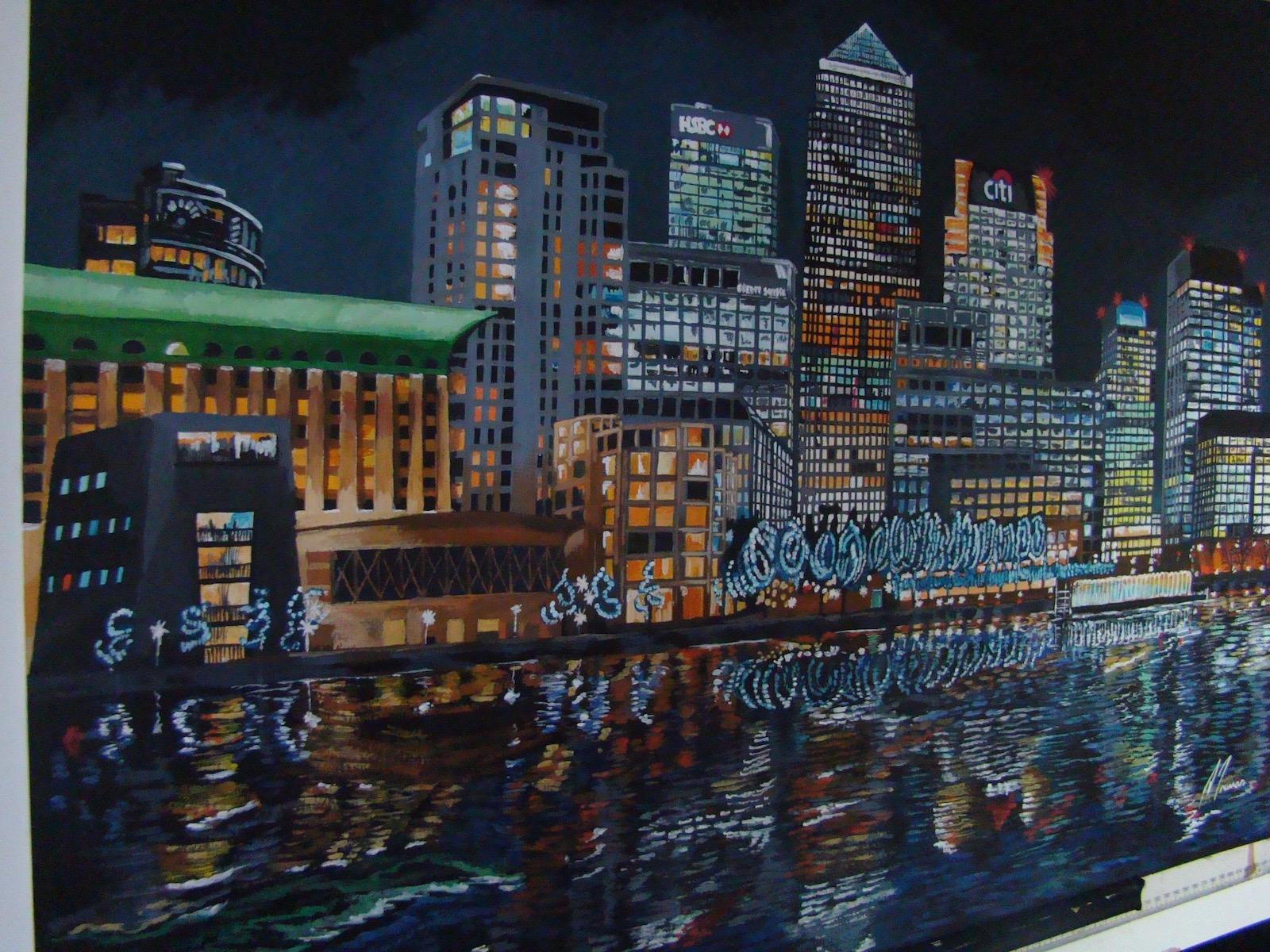 Canary Wharf Neons, Bright Cityscape Gemälde, Londoner Kunst, Realismus-Gemälde im Angebot 2